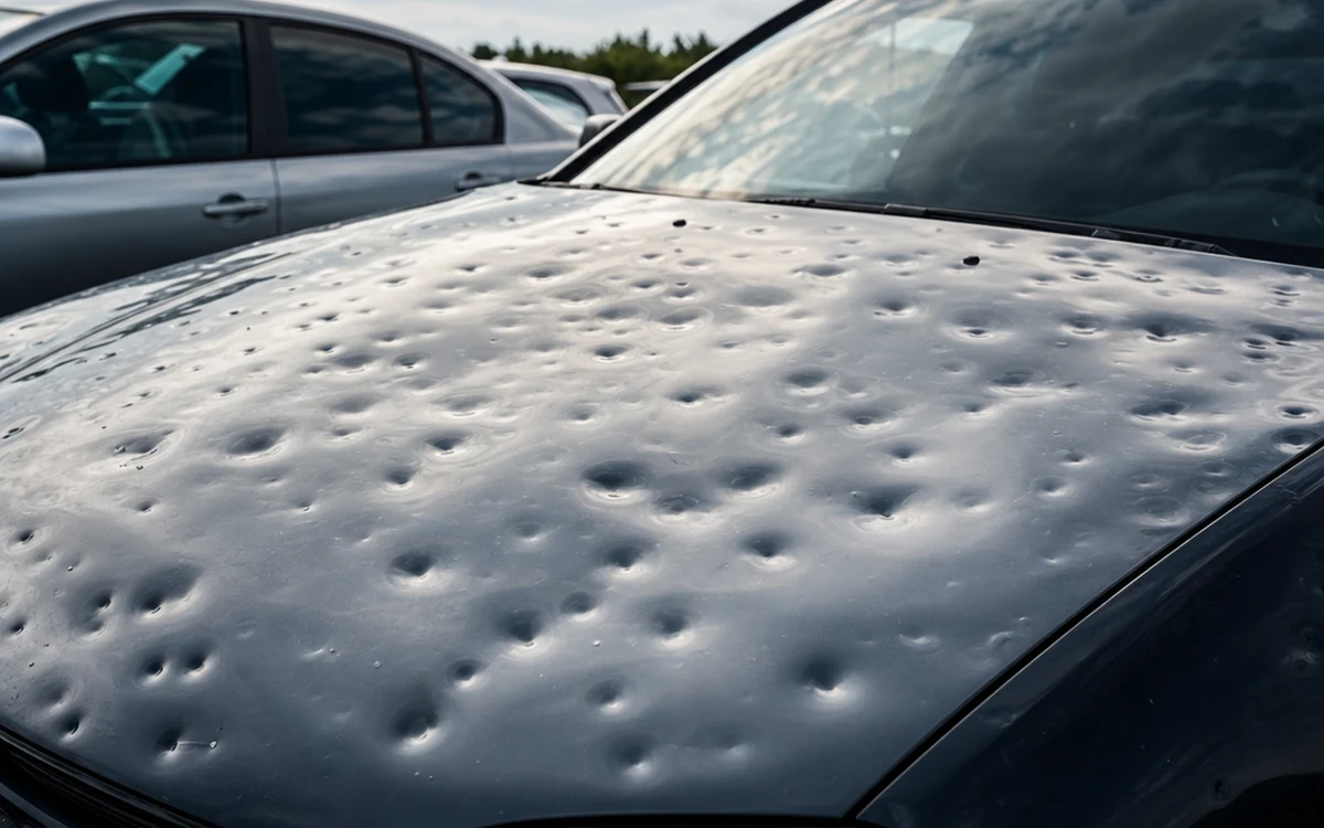 Auto con danni da grandine sulla carrozzeria, in officina in Ticino